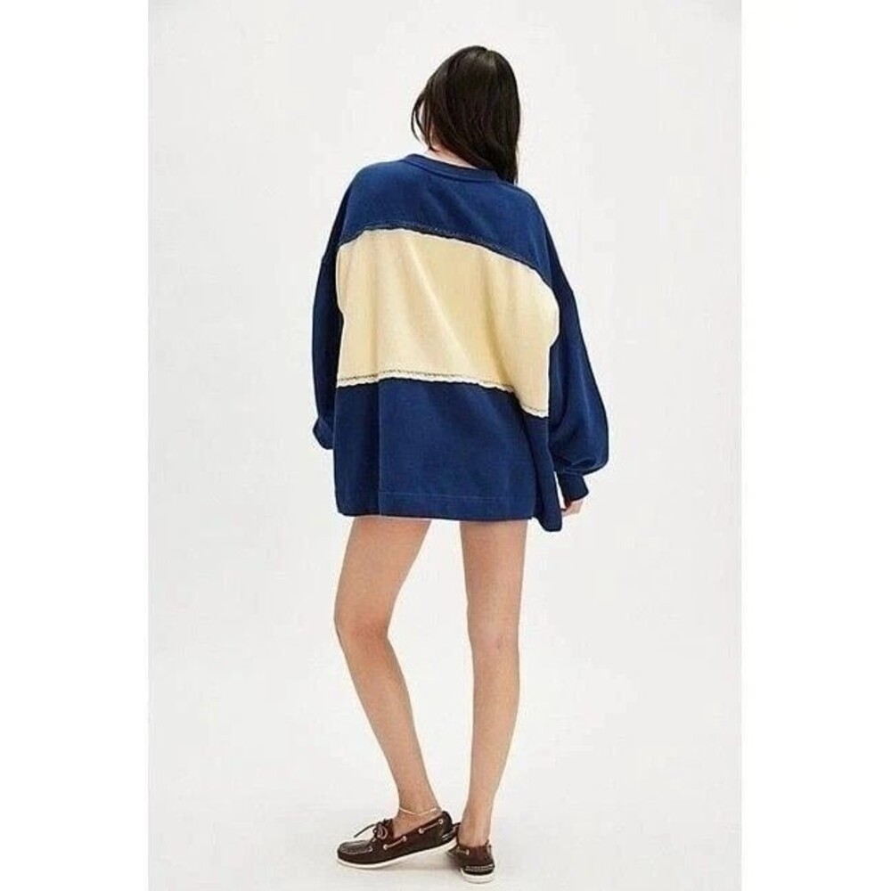 Free People Strawberry Sweatshirt Top Pullover Colorblock Ribbed Blue XL 284052 - Picture 3 of 8